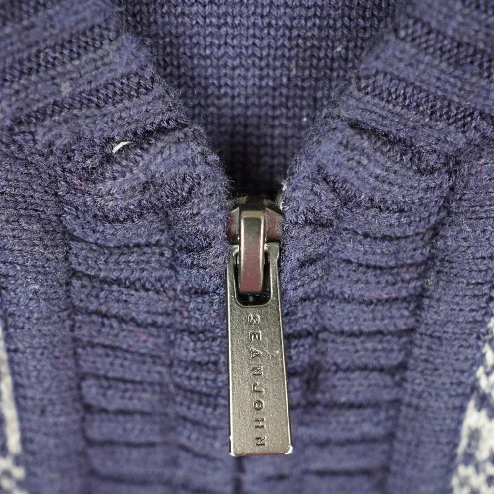 Sean John Mens Zip Up‎ Cardigan Sweater Navy Blue Gray Geometric Pattern XL